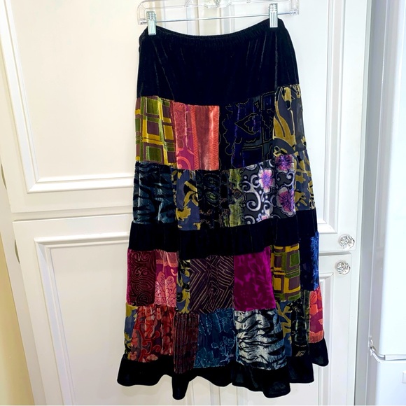 VTG Patchwork Tiered Velvet Maxi Skirt boho WhimsiGoth festival maximalist - Picture 1 of 8